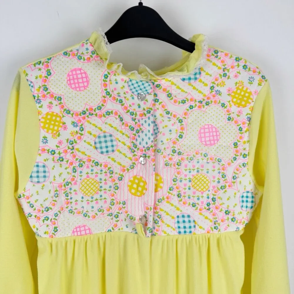 VTG Her Majesty Pajama Nightgown Girls 8 Flannel Lace Trim Yellow Quilted USA